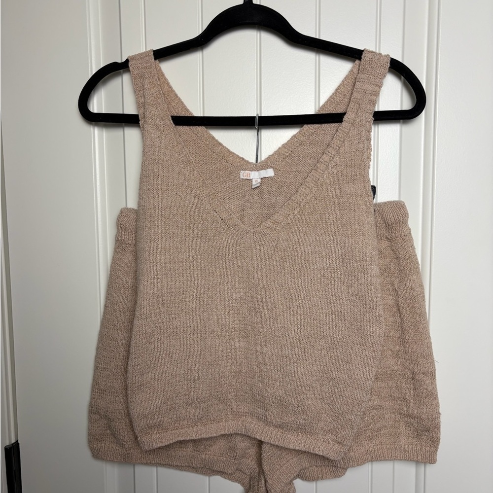 Cozy Knit Tank and Shorts Set - Neutral Beige and Blush